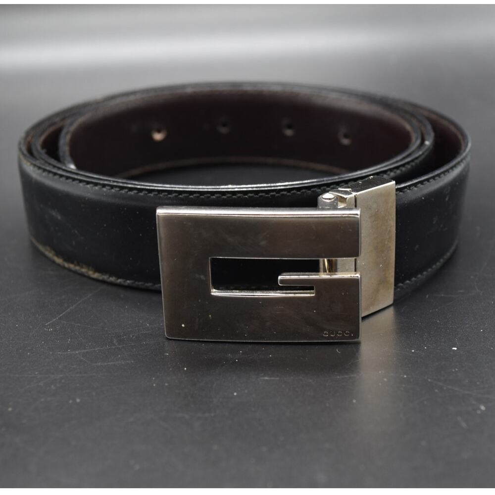 GUCCI Men's 38.5"-41.5" Waist Square G Silver Tone Buckle Leather Belt with CoA